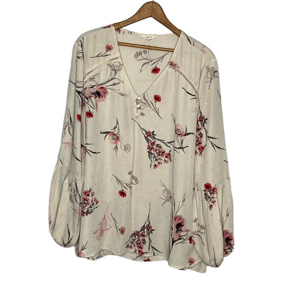 Maurices XL Cream Gold Chiffon Floral Pullover Lantern Sleeve Top Blouse Shirt - Picture 2 of 6
